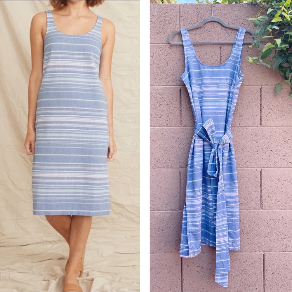 MARINE LAYER NWOT Brea Blue Striped Belted Midi Dress 100% Cotton